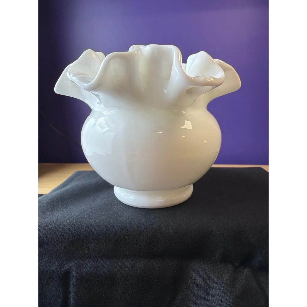 White Milk Glass Ruffled Rose Bowl Vase‎ Fenton Style Cottagecore